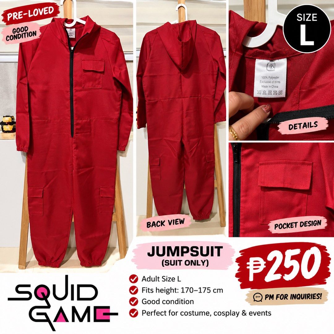 Halloween costume Squid game (Category: Announcements) located in Taguig. Submitted by 24evejyc (Listing ID 1464480232, Image 2). Description: ❤️ Red Squid Game Jumpsuit ✨ Pre-loved | Good condition ❤️ Size M (163–170 cm) → around 13–16 years old / teens * ❤️ Size L (170–175 cm) → around 15–18+ years old / teens to adult 👕 Suit/Jumpsuit only 💰 ₱250 each 📩 PM for inquiries!.