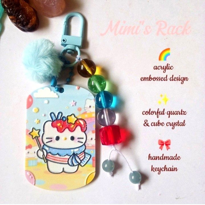 HELLO KITTY INSPIRED RAINBOW GEMSTONE KEYCHAIN / BAG CHARM (Category: Charms) located in Taguig. Submitted by mimisrack (Listing ID 1464448430, Image 2). Description: 🩵Brighten up your bags and keys with this adorable handcrafted Hello Kitty-inspired keychain featuring colorful gemstone beads and a dreamy rainbow aesthetic -Perfect for Sanrio lovers, kawaii collectors, and pastel accessory fans! -Hello Kitty-inspired embossed acrylic charm -Colo