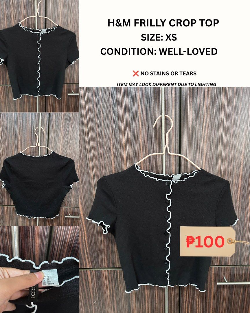 H&M Black Frilly Crop Top Size XS (Category: Sleeveless) located in Cebu City. Submitted by pau.ky (Listing ID 1464487336, Image 1). Description: -RFS: Decluttering -Cute black crop top from H&M - Size XS - Features frilly details on neckline and sleeves - Short sleeves - Button-up front - No stains or tears - Item may appear different due to lighting.