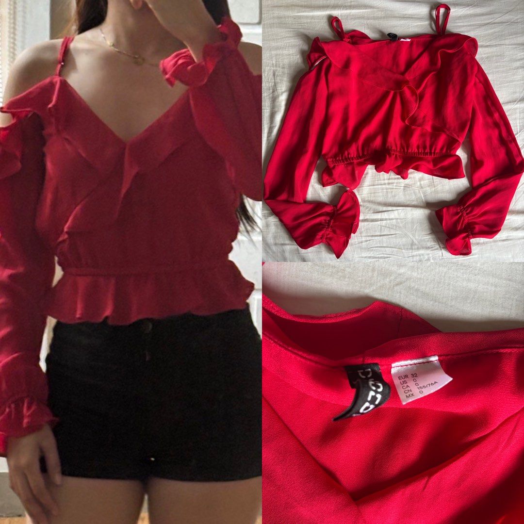H&M Red Off Shoulder Ruffled Top (Category: Sleeveless) located in Binan City. Submitted by mypreloved_haul (Listing ID 1464173772, Image 2). Description: LAST PRICE POSTED! FOR SURE BUYERS ONLY! .