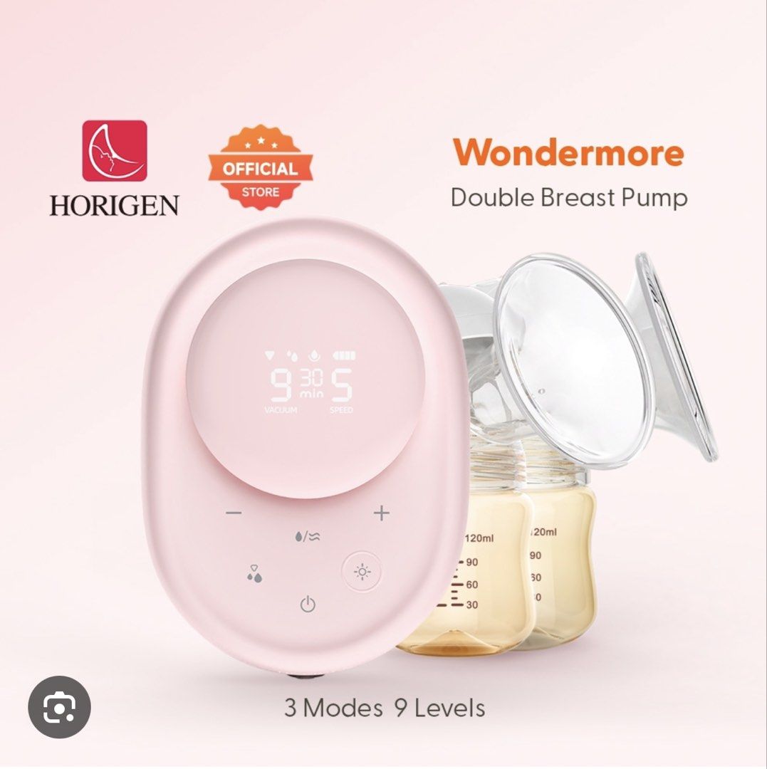 HORIGEN Wondermore Double Breast Pump (Category: Breastfeeding & Bottle Feeding) located in Los Banos. Submitted by ramrammms (Listing ID 1464420196, Image 3). Description: - Horigan Wondermore Double Breast Pump - Color: Pink - 3 Pumping Modes - 9 Suction Levels - LCD Display: Shows vacuum and speed - Includes: 2 bottles and flanges - Ideal for on-the-go pumping.