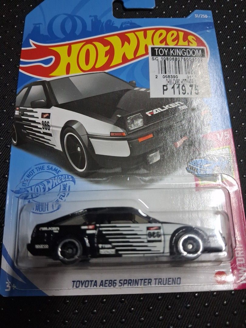 Hot Wheels Toyota AE86 Sprinter Trueno (Category: Vehicle & Diecast Models) located in Quezon City. Submitted by xserena (Listing ID 1464454451, Image 1). Description: - Hot Wheels die-cast model - Toyota AE86 Sprinter Trueno - Iconic black and white Falken livery - Brand new in original packaging - Must-have for collectors.