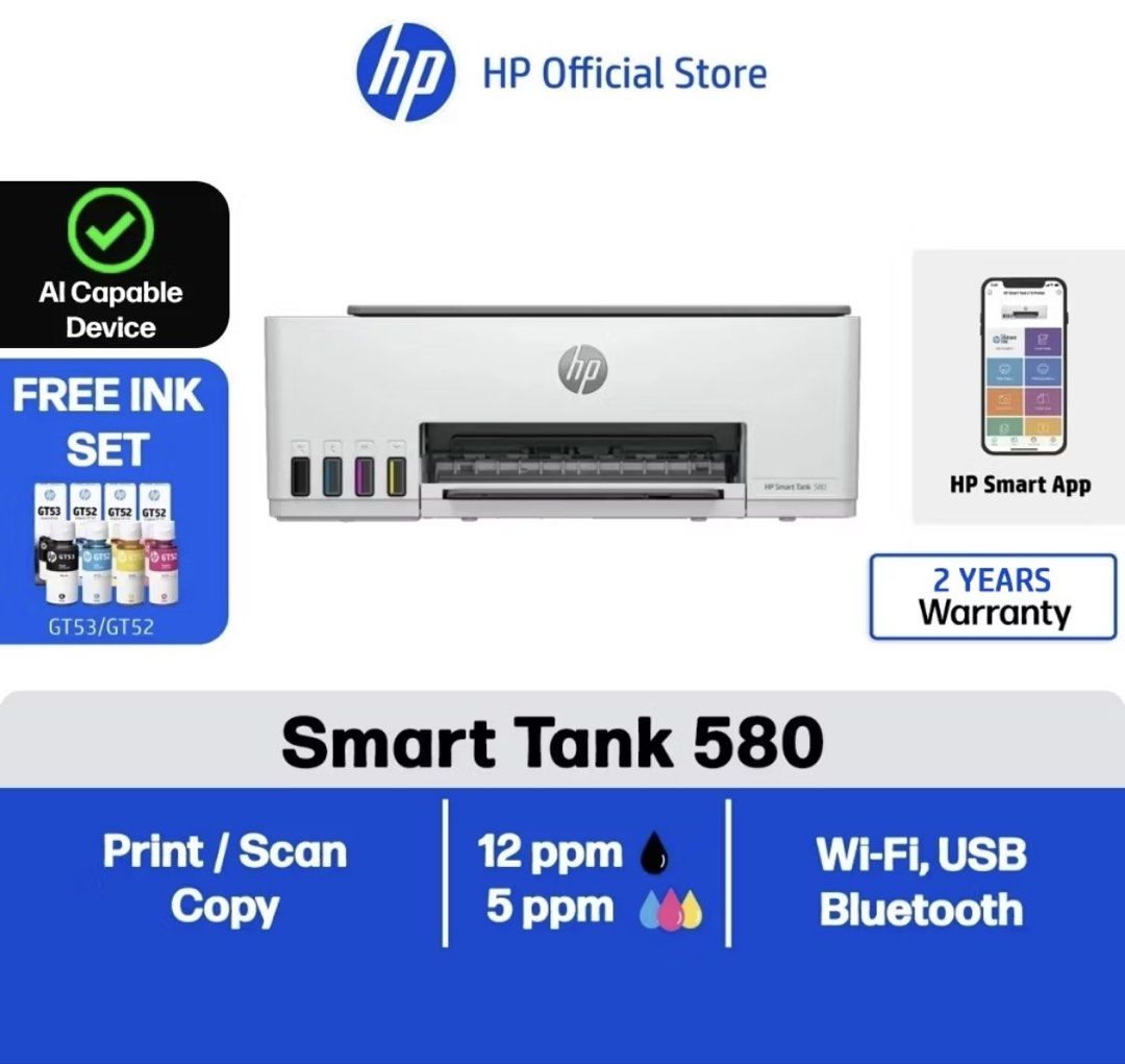 HP Smart Tank 580 Printer - Print, Scan, Copy, Wi-Fi (Category: Printers, Scanners & Copiers) located in Caloocan City. Submitted by epicrabbit_215cd7 (Listing ID 1464555795, Image 1). Description: - HP Smart Tank 580 All-in-One Printer - Functions: Print, Scan, Copy - Connectivity: Wi-Fi, USB, Bluetooth - Free Ink Set Included: GT53/GT52 - Features: HP Smart App, AI Capable Device - Warranty: 2 Years - Print Speed: Up to 12 ppm (black), 5 ppm (c
