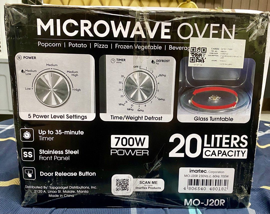 Imarflex MO-J20R Microwave Oven 20L 700W (Category: Ovens & Toasters) located in Caloocan City. Submitted by berdrums (Listing ID 1464359044, Image 2). Description: Brand new srp is 4000 . Now selling for only 3,500 pesos - Imarflex Microwave Oven, Model: MO-J20R - Capacity: 20 Liters - Power: 700W - 5 Power Level Settings - Time & Weight Defrost Function - Up to 35-Minute Timer - Includes Glass Turntable - Stainless Steel Front Panel - Convenien