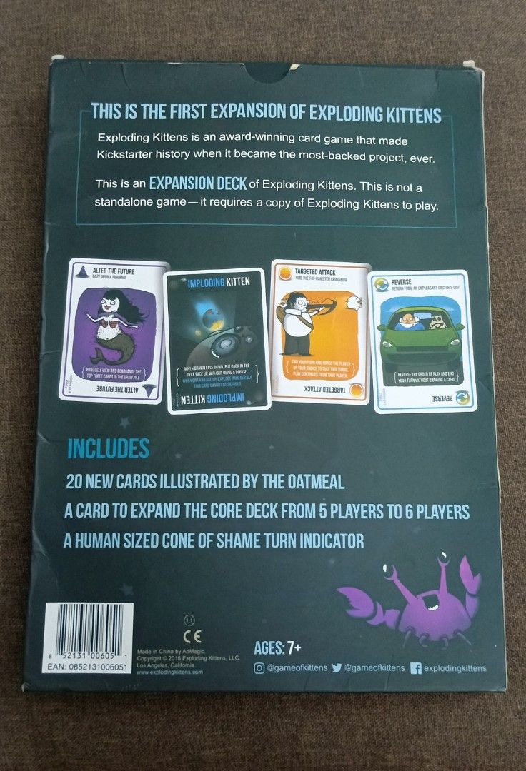 Imploding Kittens: First Expansion for Exploding Kittens Card Game (Category: Board Games & Puzzles) located in Seri Kembangan. Submitted by evie_prelovedclearance (Listing ID 1464499470, Image 2). Description: - First expansion deck for Exploding Kittens. - Adds 20 new cards illustrated by The Oatmeal. - Expands the core deck to support 5 to 6 players. - Includes a human-sized Cone of Shame turn indicator. - Requires a copy of the original Explo