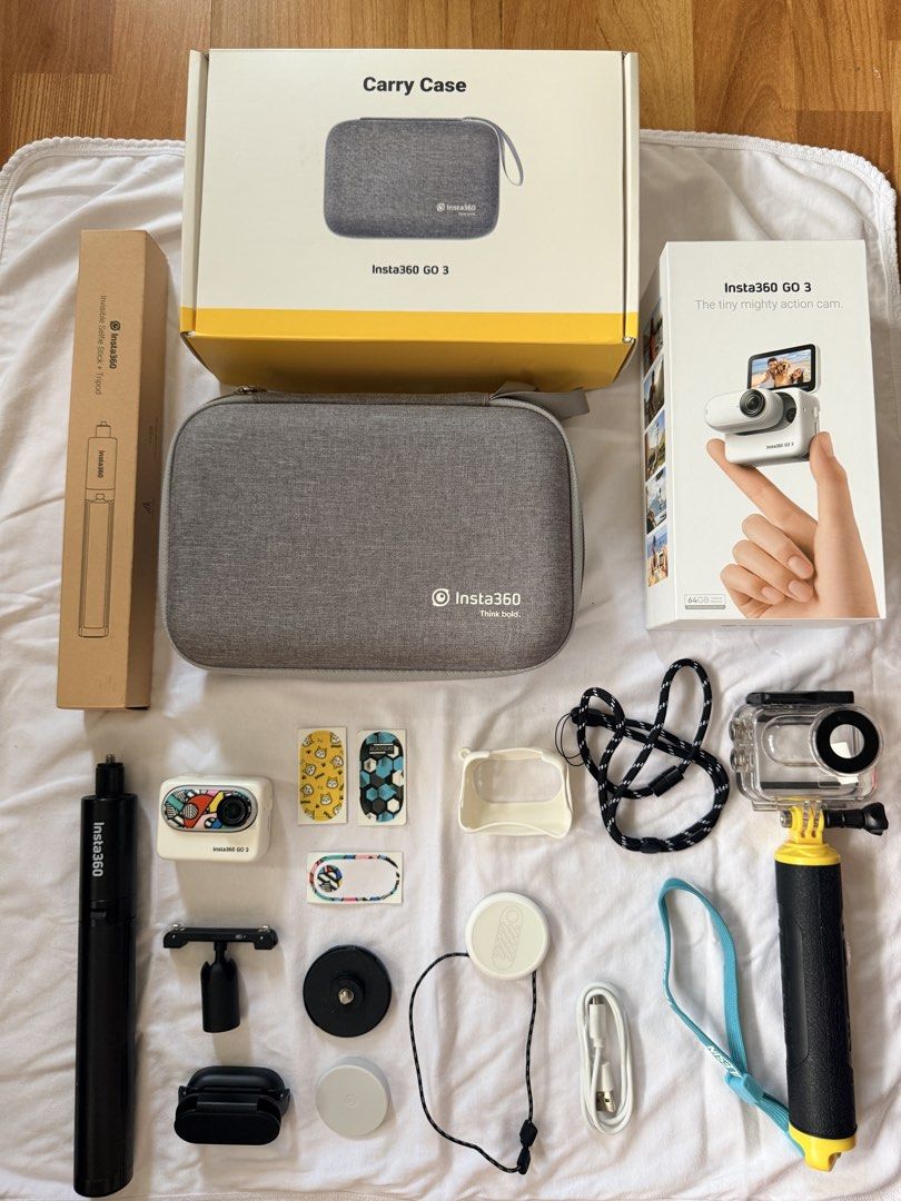 Insta360 GO 3 Tiny Action Camera with Accessories (Category: Video Cameras) located in Antipolo. Submitted by mrgvictoria (Listing ID 1464379289, Image 1). Description: - Insta360 GO 3 action camera - Tiny and mighty design - Includes carry case - Comes with magnetic mount - Selfie stick included - Protective casing - Stickers - Charging cable - Ideal for capturing adventures.