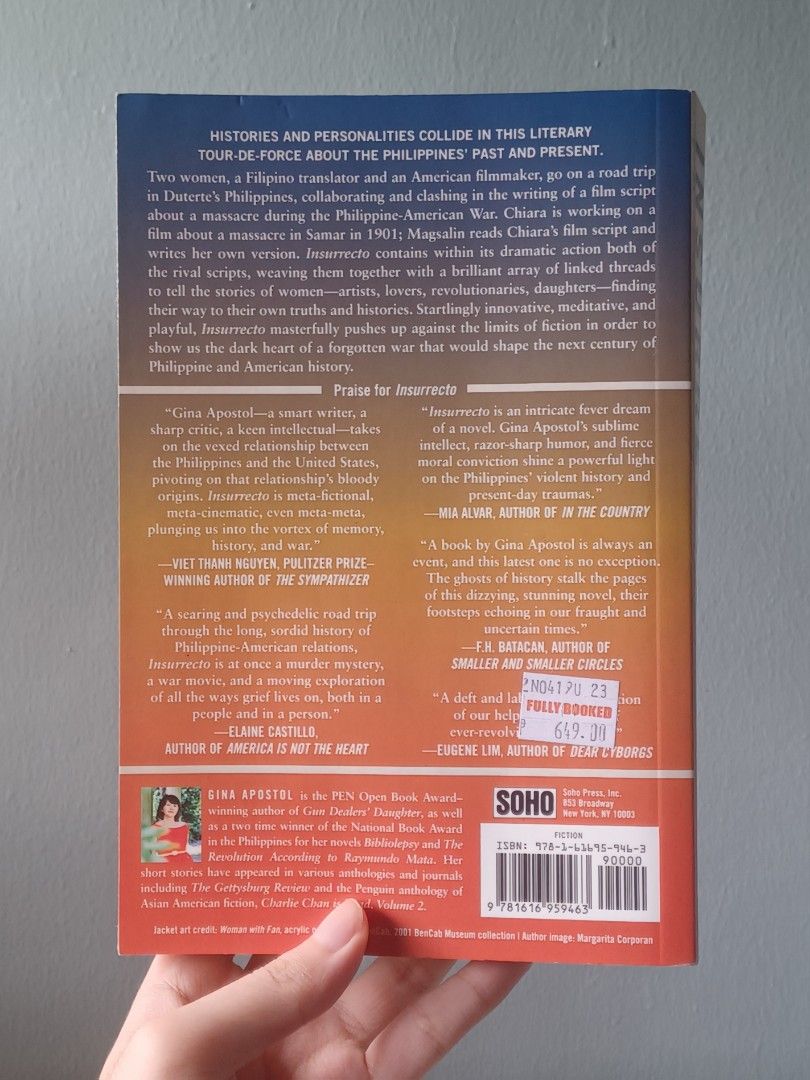 Insurrecto by Gina Apostol (Category: Storybooks) located in Pasig City. Submitted by croisshark (Listing ID 1464416247, Image 2). Description: **WILLING TO TRADE 1:1 FOR GUN DEALER'S DAUGHTER BY GINA APOSTOL** themes: revolution, Fil-Am war, colonization, historical fiction, documentary, Balanggiga massacre has some highlights otherwise brand new.