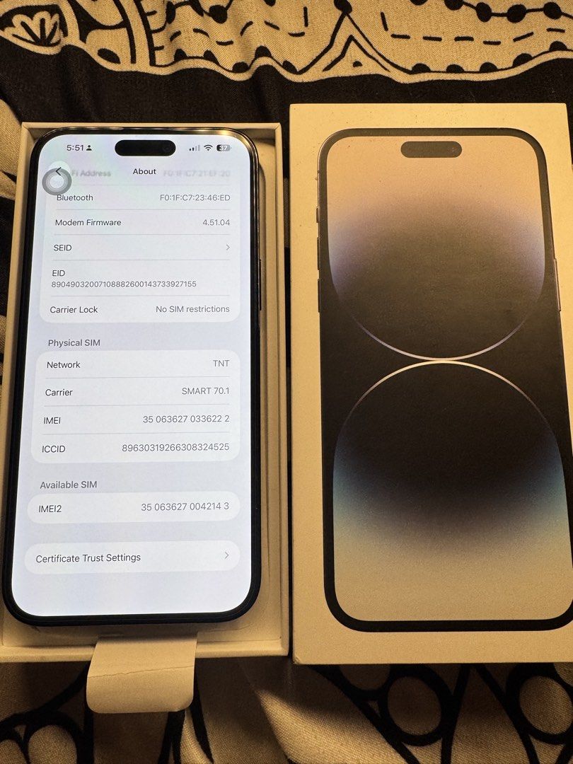 iPhone 14 Pro Max 128gb (Category: iPhone 14 Series) located in Manila. Submitted by gwyne_00 (Listing ID 1464407000, Image 3). Description: iPhone 14 Pro Max -Zpa Variant -NTC Approved -128gb -79 Battery health(Still Makunat) -Factory Unlock -No sim Restriction -Face id and True Tone working -No History of Repair Issue -Konting Casemark dot sa sides Inclusion -Original Box Same Imei -MagSafe Powerbank -MagSafe Charger -Adapter and wire -Cases -O