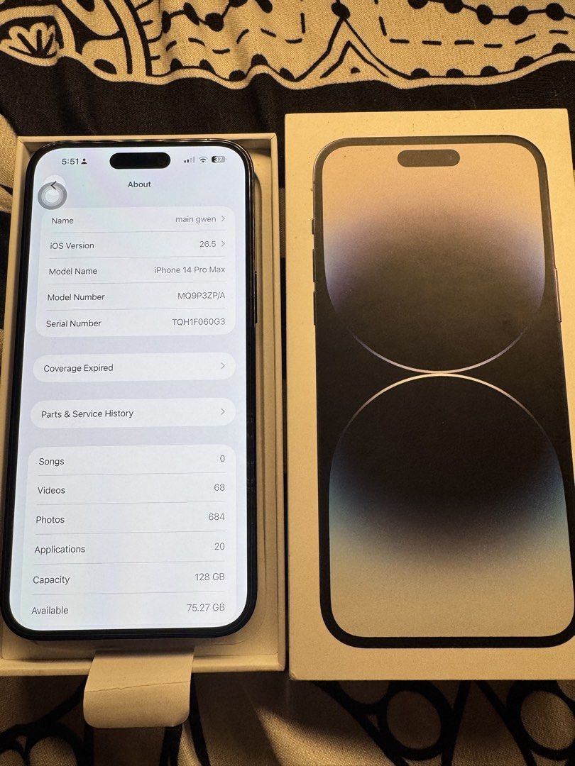 iPhone 14 Pro Max 128gb (Category: iPhone 14 Series) located in Manila. Submitted by gwyne_00 (Listing ID 1464407000, Image 2). Description: iPhone 14 Pro Max -Zpa Variant -NTC Approved -128gb -79 Battery health(Still Makunat) -Factory Unlock -No sim Restriction -Face id and True Tone working -No History of Repair Issue -Konting Casemark dot sa sides Inclusion -Original Box Same Imei -MagSafe Powerbank -MagSafe Charger -Adapter and wire -Cases -O