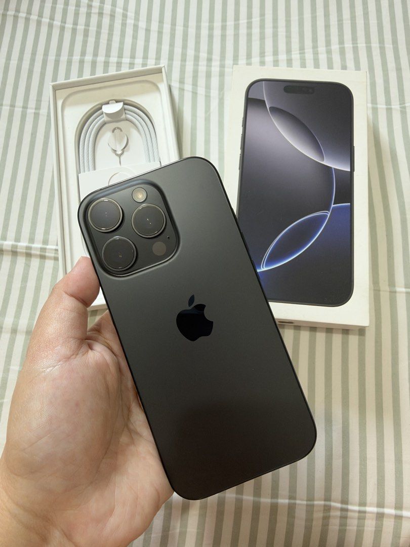 Iphone 16 Pro 256gb Black Titanium (Category: iPhone 16 Series) located in Taguig. Submitted by sls08 (Listing ID 1464401777, Image 2). Description: Iphone 16 Pro 256GB Black Titanium Woman owned, well maintained No scratches 86% BH Complete with box, charging cord, receipt Still with spigen tempered glass RFS: upgrade.