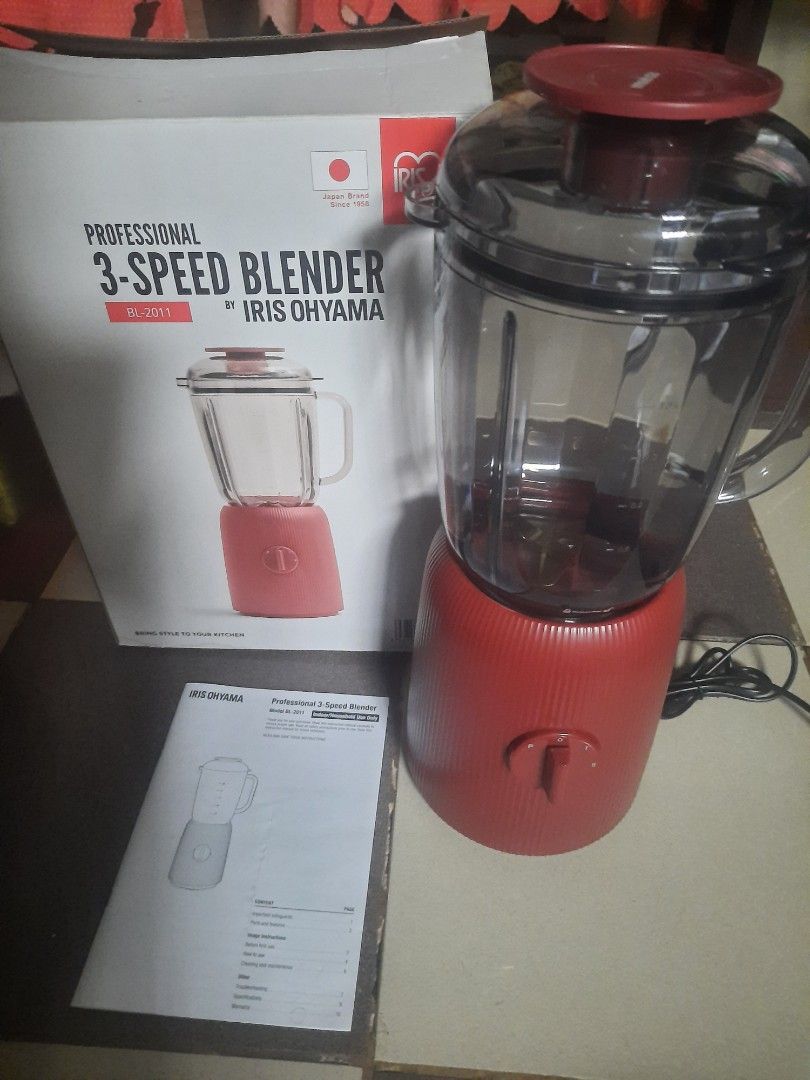 IRIS OHYAMA Professional 3-Speed Blender BL-2011 (Category: Juicers, Blenders & Grinders) located in Paranaque City. Submitted by alybangbang (Listing ID 1464385514, Image 2). Description: - IRIS OHYAMA Professional 3-Speed Blender - Model: BL-2011 - Brand: Japan - Color: Red and Silver - Includes: Blender jug, lid, base, and instruction manual - Features: 3 speed settings - Ideal for: Everyday kitchen tasks - Adds style to your kitchen Highlight