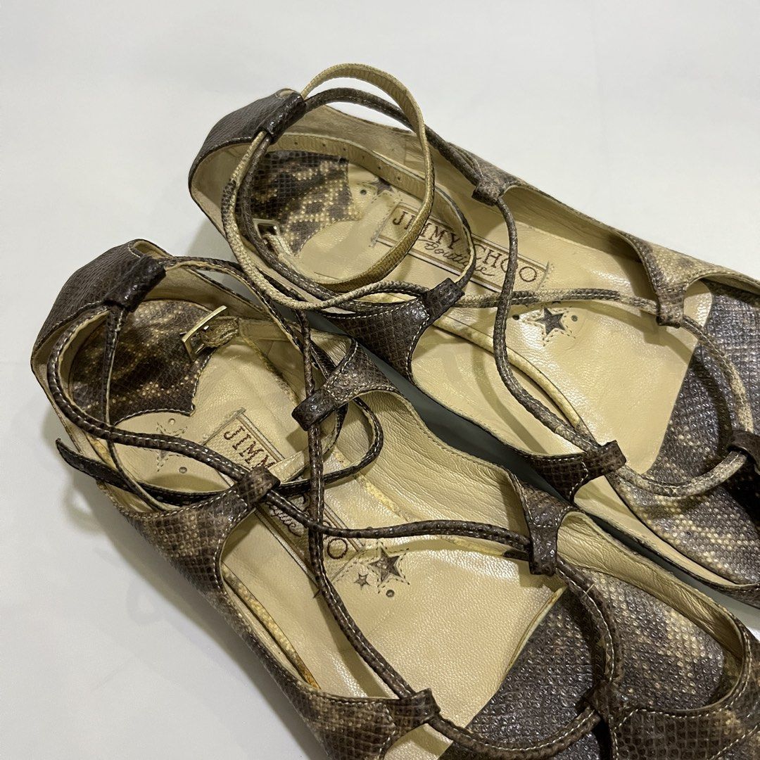 JIMMY CHOO SNAKE SKIN FLAT SANDALS (Category: Sneakers & Footwear) located in Bacolod City. Submitted by the.finest (Listing ID 1464498236, Image 3). Description: Jimmy Choo Python Skin Flat Sandals - Lace up Tag Size: 37 Condition: 9.5/10 6,500+shipping fee.