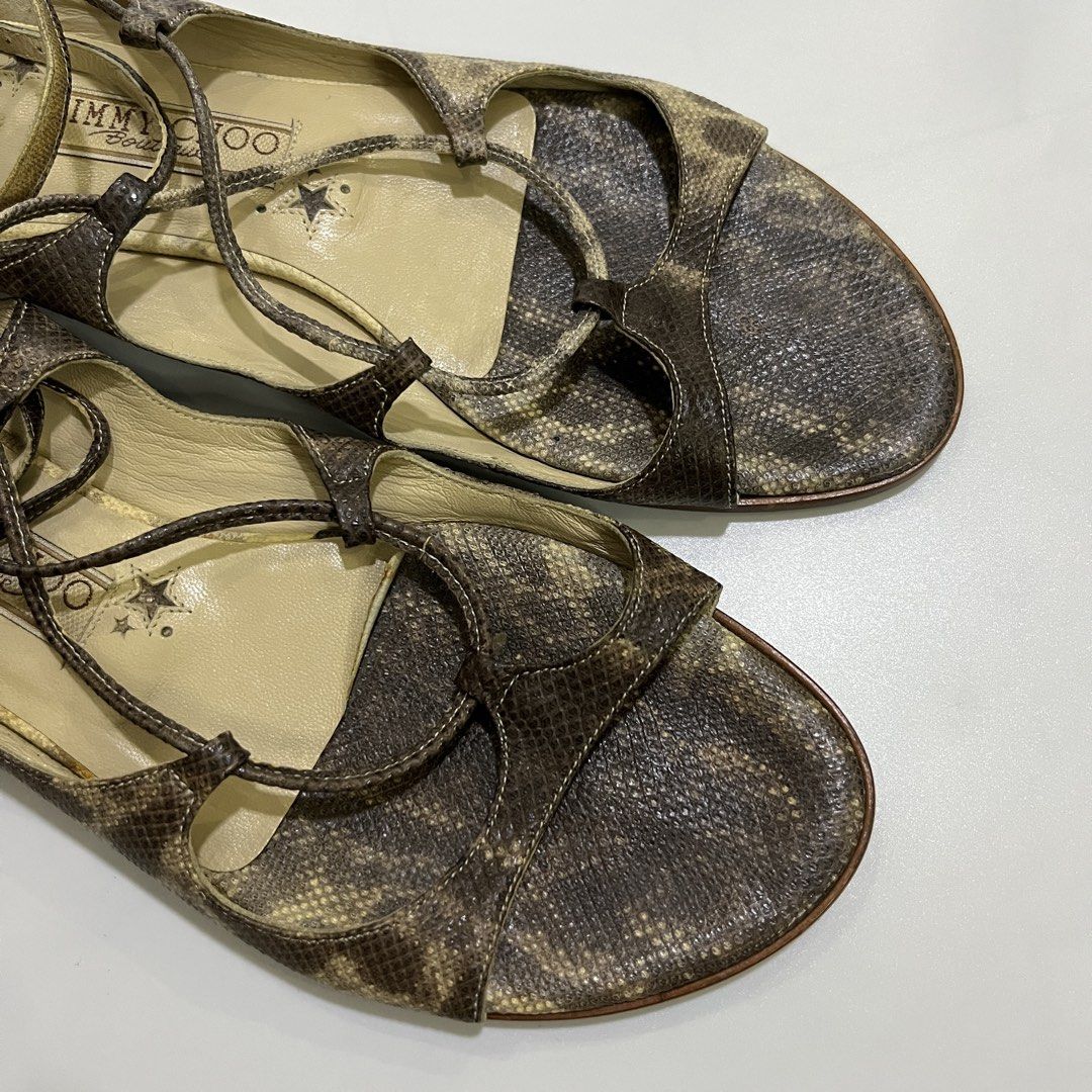 JIMMY CHOO SNAKE SKIN FLAT SANDALS (Category: Sneakers & Footwear) located in Bacolod City. Submitted by the.finest (Listing ID 1464498236, Image 2). Description: Jimmy Choo Python Skin Flat Sandals - Lace up Tag Size: 37 Condition: 9.5/10 6,500+shipping fee.