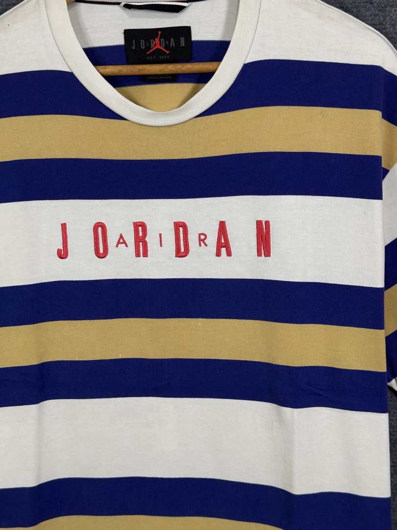 Jordan (Category: Tshirts & Polo Shirts ) located in Daet. Submitted by kevsquintela (Listing ID 1464399988, Image 3). Description: Jordan 🤍💙🤍 Stripes Size - L Dimes - L28xW22 Excellent .