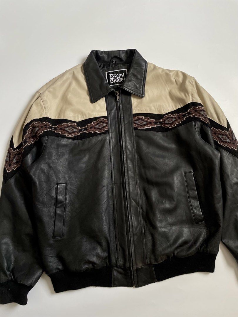 Joseph Barry Bomber Aztec Patterned Leather Jacket (Category: Coats, Jackets and Outerwear) located in Imus. Submitted by streetgrails.ph (Listing ID 1464429756, Image 3). Description: JOSEPH BARRY TWO TONED AZTEC PATTERN LEATHER JACKET 26 x 28 ( size xl on tag ) in good condition 9/10 color rate issue: minimal slice imus cavite loc! 📍 courier/mode of delivery: j&t or lalamove mode of payment: payment first thru gcash only! 📌 no return/refund! 