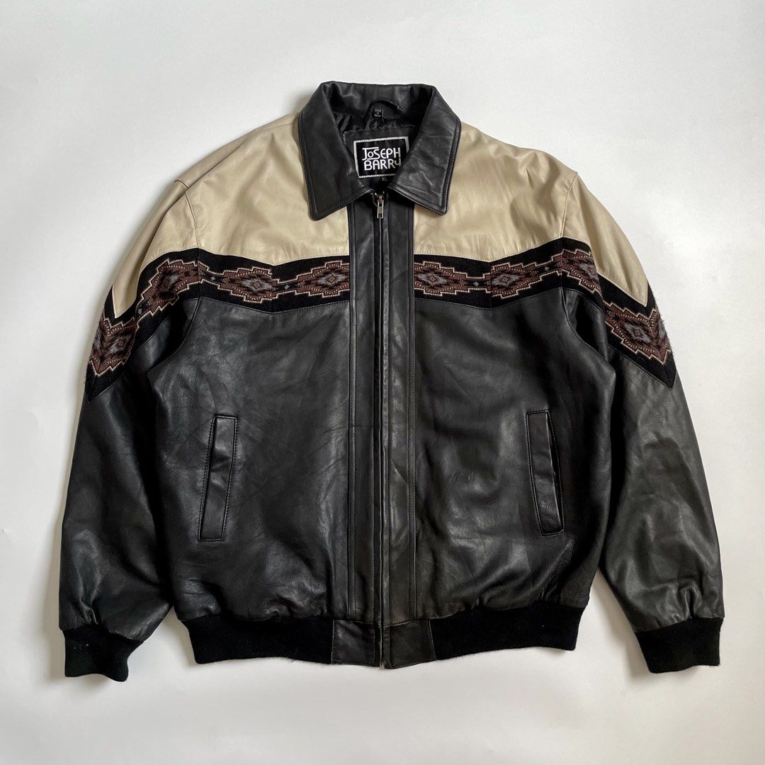 Joseph Barry Bomber Aztec Patterned Leather Jacket (Category: Coats, Jackets and Outerwear) located in Imus. Submitted by streetgrails.ph (Listing ID 1464429756, Image 1). Description: JOSEPH BARRY TWO TONED AZTEC PATTERN LEATHER JACKET 26 x 28 ( size xl on tag ) in good condition 9/10 color rate issue: minimal slice imus cavite loc! 📍 courier/mode of delivery: j&t or lalamove mode of payment: payment first thru gcash only! 📌 no return/refund! 