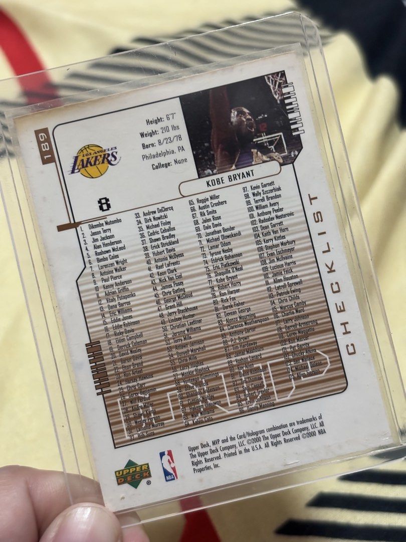 Kobe Bryant #189 (Checklist) (Category: Raw Singles) located in Rizal. Submitted by mzreas (Listing ID 1464364209, Image 2). Description: 2000-01 Upper Deck MVP Kobe Bryant #189 Checklist Card Details Player: Kobe Bryant Team: Los Angeles Lakers Set: 2000-01 Upper Deck MVP Card Number: #189 (Checklist).