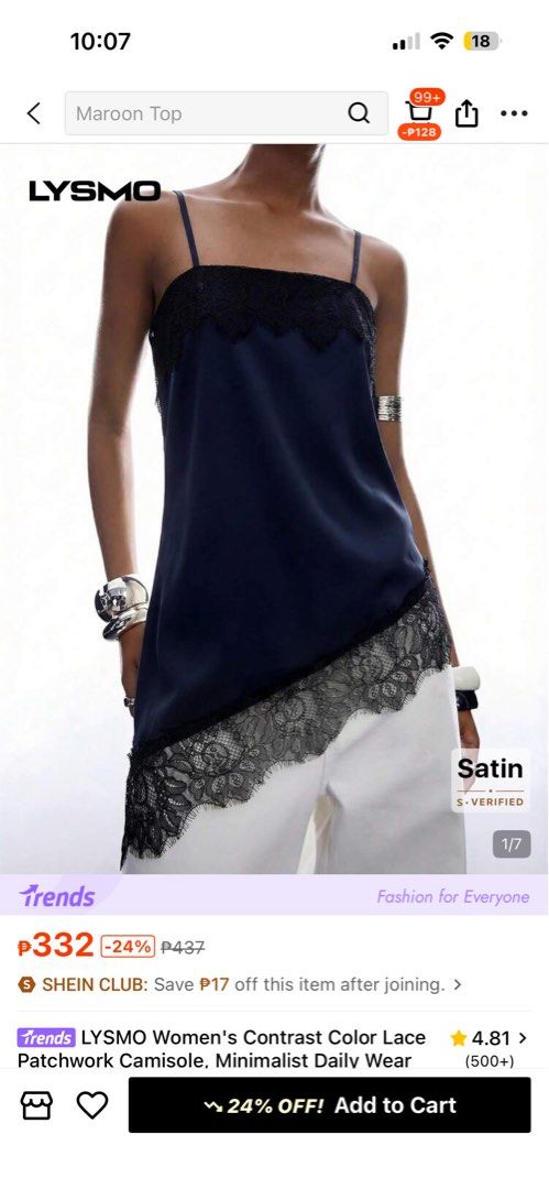 Lace Camisole Goth Coquette Y2K (Category: Sleeveless) located in Cebu City. Submitted by airahxoxo (Listing ID 1464510685, Image 2). Description: - Navy blue satin camisole - Black lace trim detail - Asymmetrical hemline - Adjustable spaghetti straps - Versatile for layering or standalone wear - Chic and stylish design.