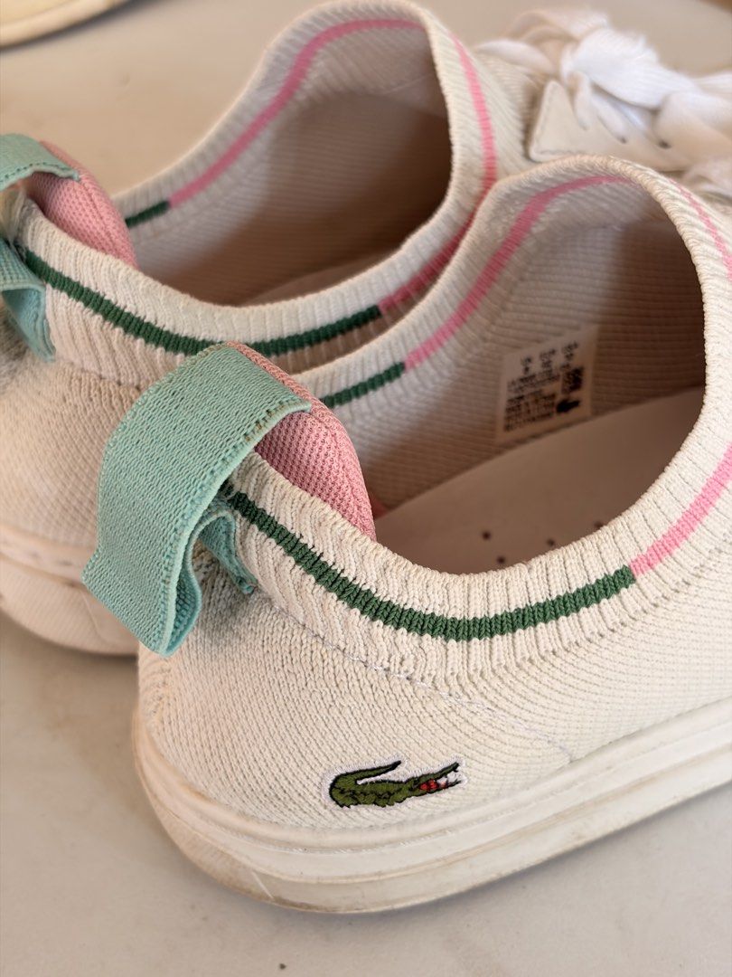 LACOSTE (Category: Casual Shoes) located in Manila. Submitted by getemallout (Listing ID 1464415461, Image 3). Description: ❤️‍🔥 Pre-loved item LACOSTE White / Green & Pink Accent (See last pic for size and QR code for verification) 🔍 condition: 9.8/10 ❗️only needs cleaning 🚚 shipping fee shouldered by buyer Free SF around Malolos, Bulacan ❗️.