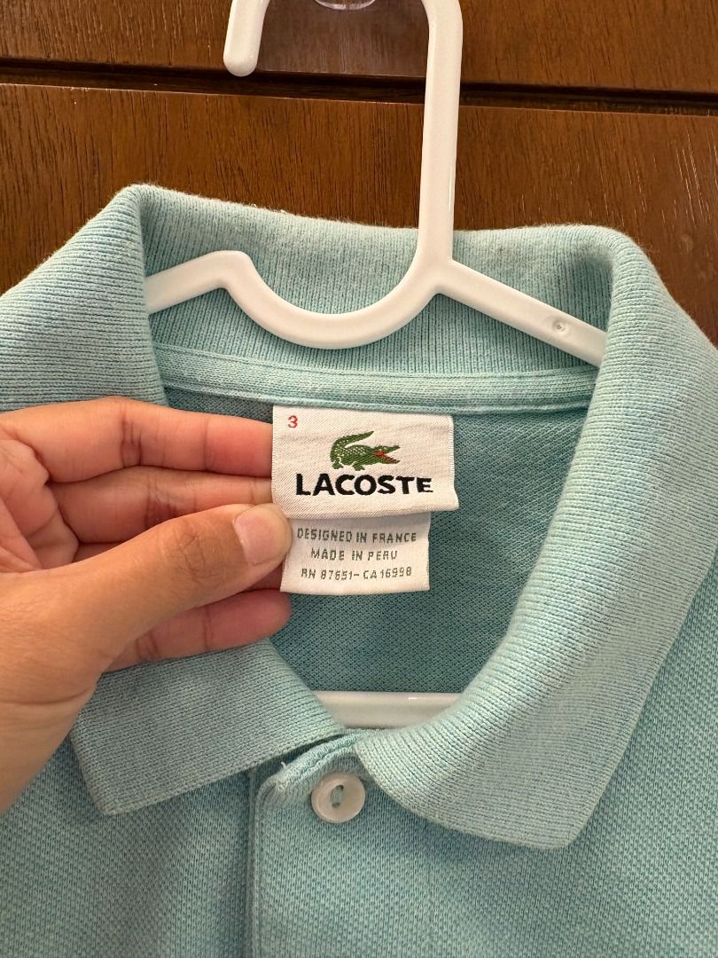 Lacoste Light Aqua Polo (Category: Tshirts & Polo Shirts ) located in Mandaluyong City. Submitted by jbor88 (Listing ID 1464363312, Image 2). Description: Classic Lacoste polo Made in Peru Size 3 W=45cm L=64cm.