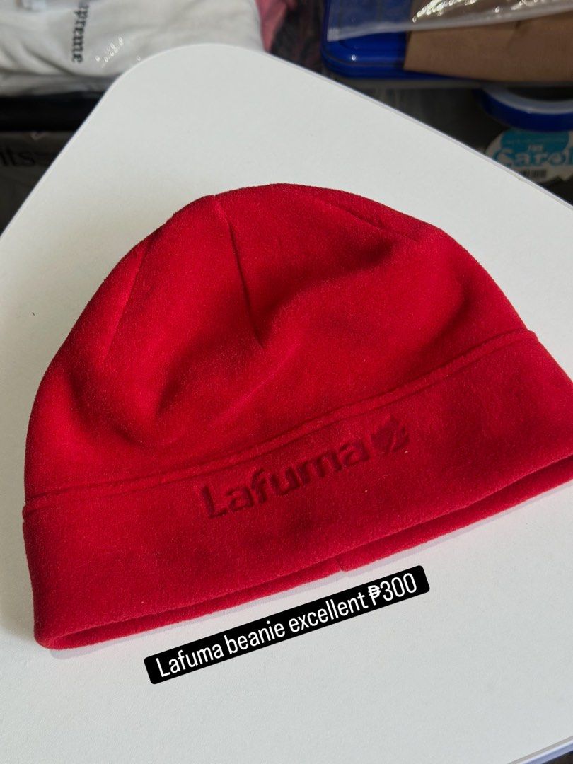 Lafuma Polartec Fleece Beanie Red (Category: Caps & Hats) located in Daet. Submitted by thrifthings2018 (Listing ID 1464424951, Image 1). Description: - Red Lafuma beanie - Made with warm Polartec fleece - Embroidered Lafuma logo on front - Polartec tag on side - One size fits most - Ideal for cold weather and outdoor activities.