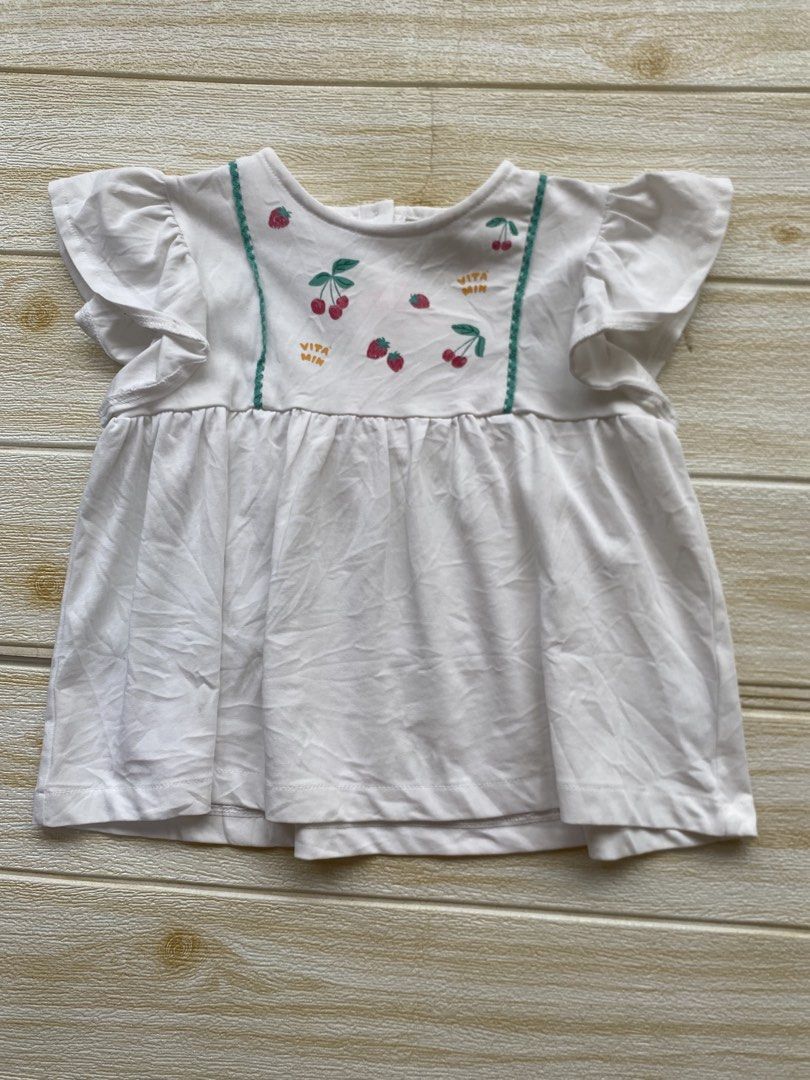 Laughing child cherry top (Category: Babies & Kids Fashion) located in Cebu City. Submitted by yjainani (Listing ID 1464372792, Image 1). Description: white toddler top features playful cherry and strawberry embroidery accented with green picot trim and flutter sleeves.