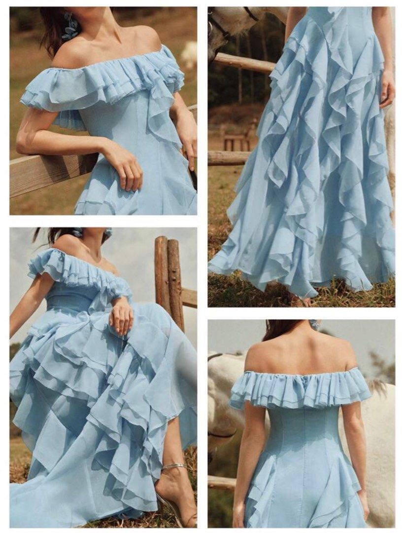 Light Blue Off-Shoulder Ruffle Chiffon Maxi Dress (Category: Dresses) located in Pasig City. Submitted by dairob1203 (Listing ID 1464445036, Image 3). Description: - Beautiful light blue off-shoulder maxi dress - Made of flowy chiffon with abundant ruffles - Perfect for special events, parties, or photoshoots - Size: Large (L) - Measurements: Bust 38.6 inches, Waist 33.1 inches, Length 48 inches - A stunning choice for your next occasion!.