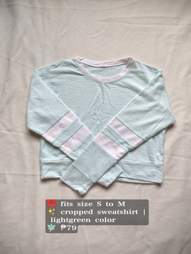 Light Green Cropped Sweatshirt with Pink Stripes (Category: Coats, Jackets and Outerwear) located in Caloocan City. Submitted by angelinee123 (Listing ID 1464421166, Image 1). Description: Freesize: S to semi L •Payment methods: Gcash (item price + sf) • Payment first policy • Delivery option: - J&t delivery : 2-3 days depends on loc - Lalamove: same day delivery - meetup: 5th avenue lrt station only (cod avail).