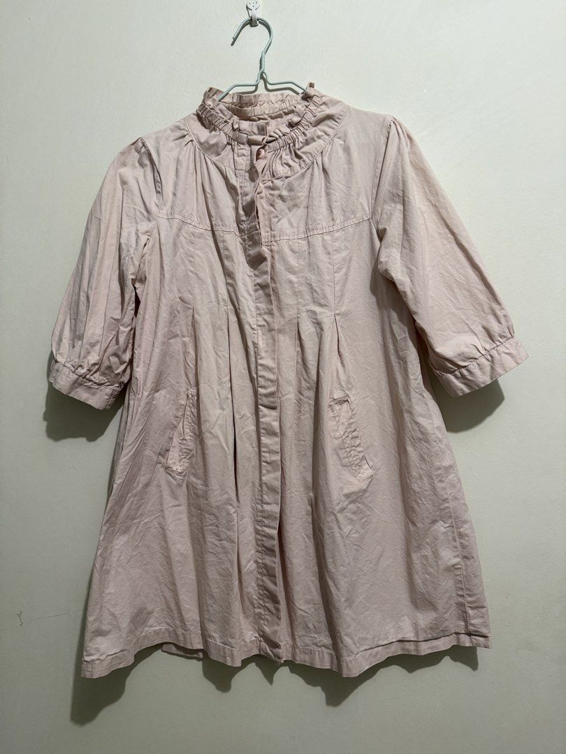 Light Pink Collared Button-Up Dress with Ruffled Neckline (Category: Dresses) located in San Fernando. Submitted by richeloy (Listing ID 1464570116, Image 1). Description: - Light pink dress - Ruffled collar - Button-up front - Gathered detailing at neckline and sleeves - Two front pockets - Three-quarter length sleeves - Versatile for casual or semi-formal wear.