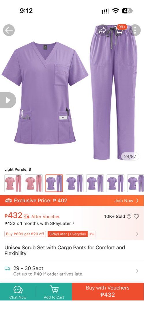 Light Purple Scrub Set with Cargo Pants (Category: Sets or Coordinates) located in Gapan. Submitted by nicwyy (Listing ID 1464492984, Image 3). Description: FOR SALE!!! ⭐️WeNurse Light Light Purple Scrub Suit Set Size: Medium-Large Used only once, still good as new! ☺️ Can do shipping via j&t or lbc, SF will be shouldered by buyer. 💗.