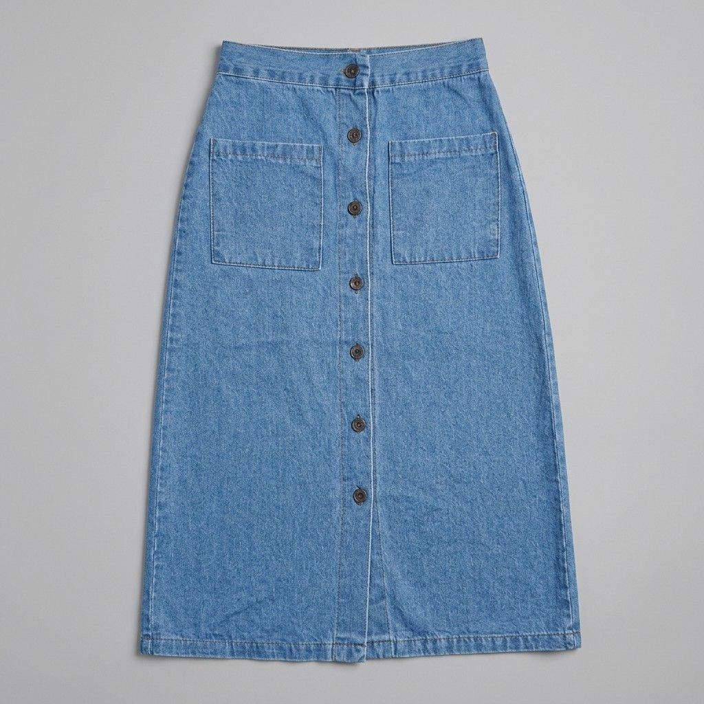Light Wash Denim Button-Front Midi Skirt with Pockets (Category: Skirts) located in Pasig City. Submitted by chinchan1 (Listing ID 1464376483, Image 1). Description: Waistline: approx. 24-30 inch - Classic denim midi skirt - Made in Korea - Full button-front closure - Two chest pockets - Flattering A-line silhouette - Versatile for casual outfits - Easy to pair with tops and shoes.