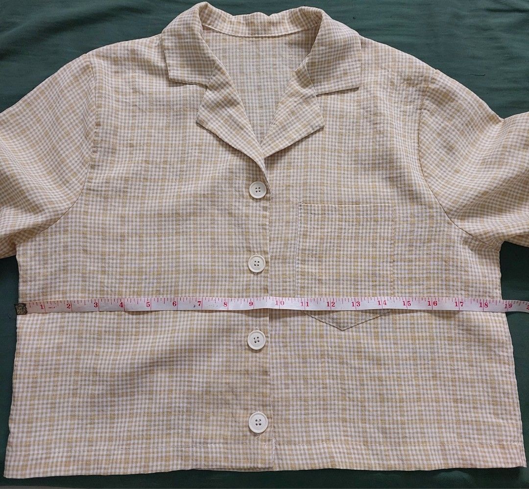 Lightweight Checkered Shirt with Pocket (Category: Blouses) located in Manila. Submitted by josta004 (Listing ID 1464452257, Image 3). Description: - Casual cropped button-up shirt - Light yellow and white check pattern - Single chest pocket RFS : decluttering.