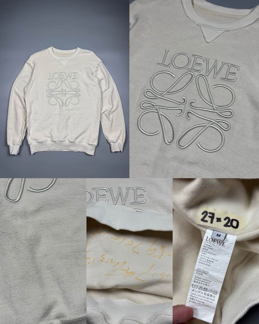 LOEWE INSIDE OUT EMBROIDERED LOGO CREWNECK (Category: Luxury Apparel) located in Baguio. Submitted by binibibi (Listing ID 1464517311, Image 1). Description: LOEWE INSIDE OUT EMBROIDERED LOGO CREWNECK (EXCELLENT CONDITION) SIZE: MEDIUM (27L X 20W) NOTE* SAMPLE PRODUCT, MAY WRITINGS SA LOOB MEJO MAY TAGOS SA FRONT - Authentic Cream Loewe Sweatshirt - Iconic Anagram logo embroidered on front - Crew neck, long sleeves - Made in Portugal - Size: Medi