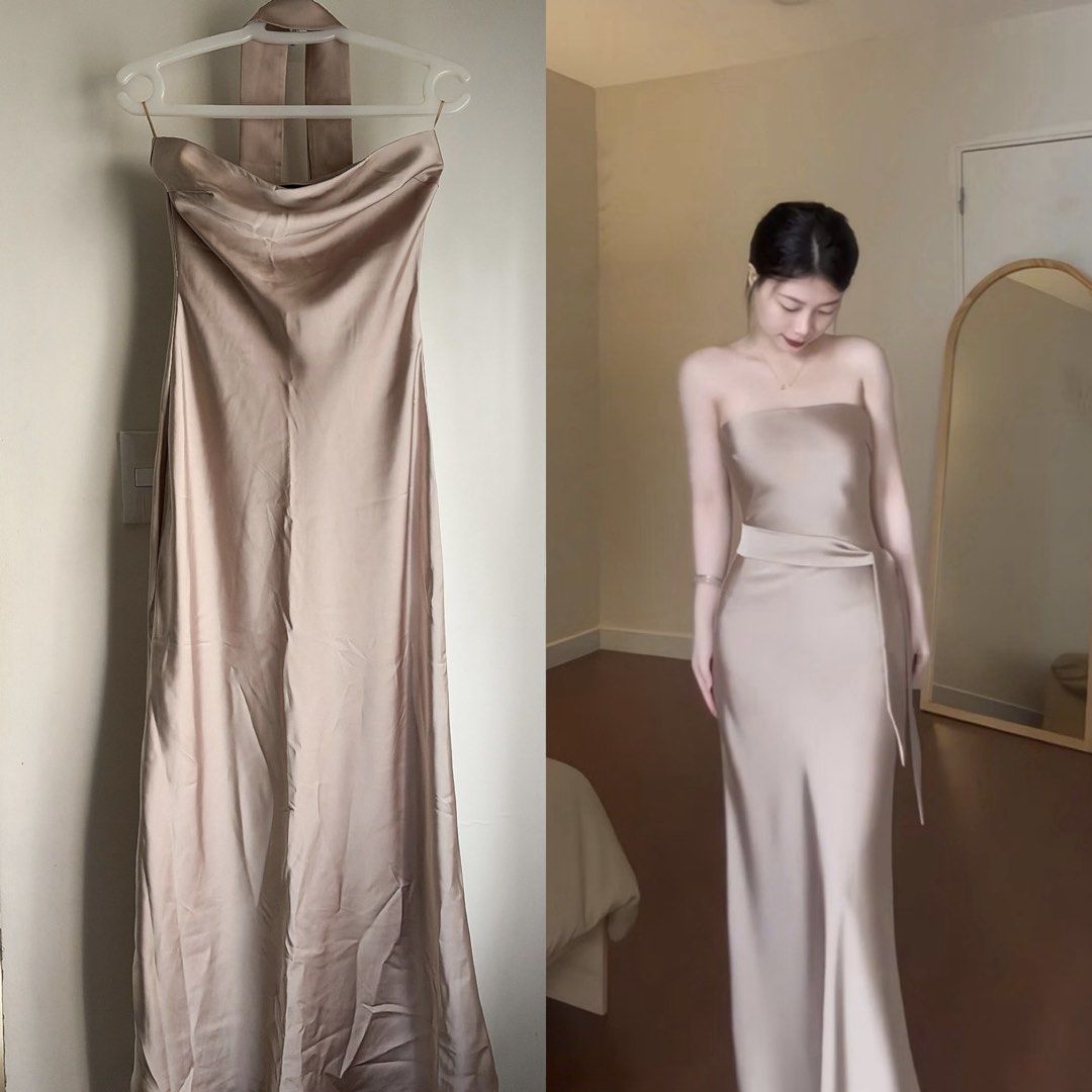 Long Form Bustier Silk Dress 🤎 (Category: Evening dresses & gowns) located in Manila. Submitted by ceethingsout (Listing ID 1464367206, Image 1). Description: - Elegant satin dress - has a halter neck tie / cowl neck scarf - Ideal for special events or a night out - Only worn once for a few hours - Vietnam made, bought for ₱1,400 Please note: There is a small fabric run/pull near the top, caused by the boutonniere that was pinned onto the garmen