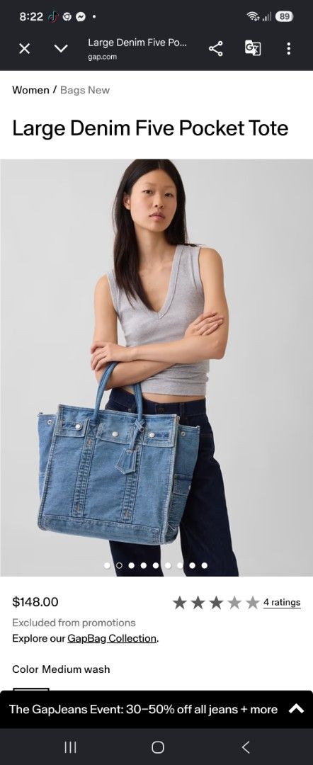 Looking for: Gap Large Denim Five Pocket Tote Bag Medium Wash (Category: Tote Bags) located in Quezon City. Submitted by mgdeclutters (Listing ID 1464362208, Image 1). Description: Looking For: - Large Gap denim tote bag - Medium wash color - Size medium or large - Part of the GapBag Collection.