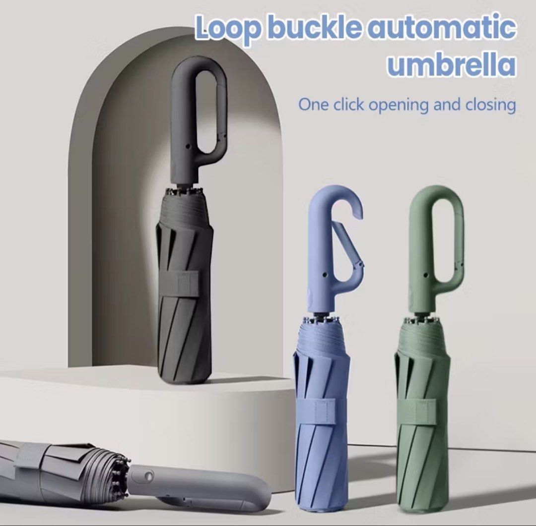 Loop Buckle Automatic Umbrella (Category: Umbrellas) located in Singapore. Submitted by o.rian (Listing ID 1464458413, Image 2). Description: Previously bought too many umbrellas, did not use at all - Super convenient automatic umbrella - Opens and closes with one click - Loop buckle handle for easy carrying - Compact size when folded, fits easily in bags - Available in dark green and beige ($10 Each) for both will be $17 - Great for unexpected r