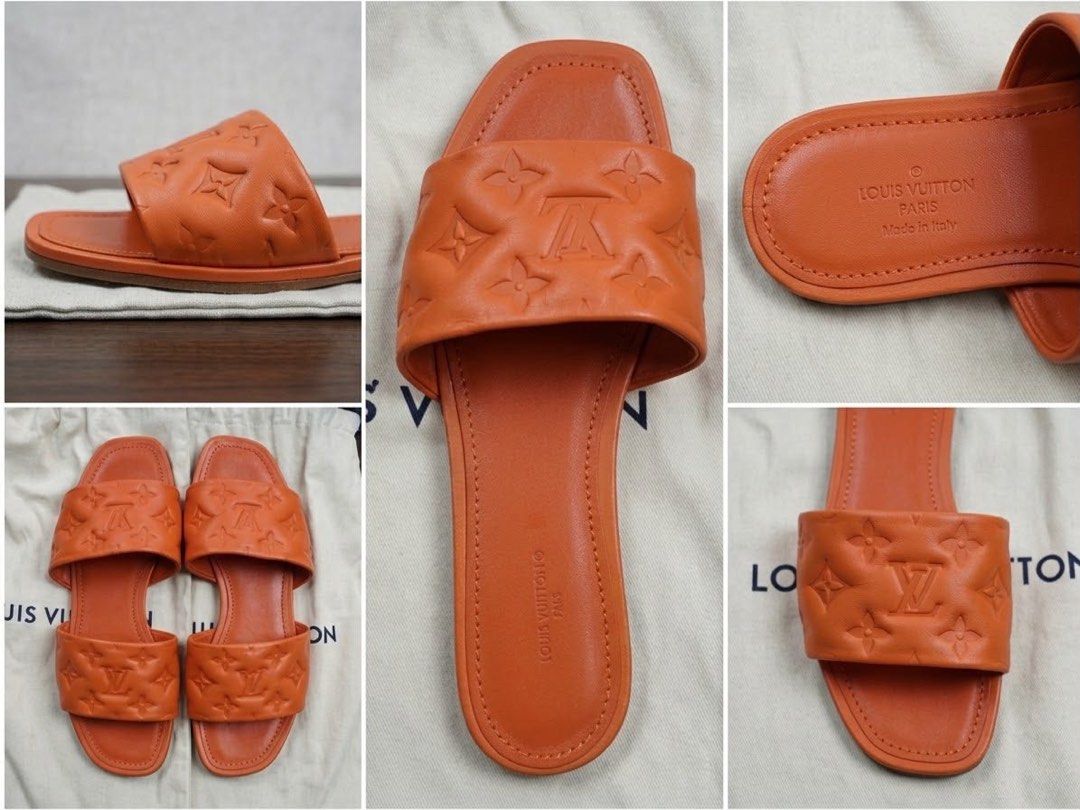 Louis Vuitton LV Sunset Flat Comfort Mule / Sandal (Category: Sneakers & Footwear) located in Quezon City. Submitted by andrewdeocampo (Listing ID 1464436176, Image 1). Description: - Authentic Orange Louis Vuitton Slides - Features iconic monogram embossed strap - Made in Italy - Ideal for casual and everyday wear Brand & Model: Louis Vuitton Sunset Flat Comfort Mule / Slide (Puffed Embossed Monogram Calfskin in Bright Orange) Inclusions Shown: 