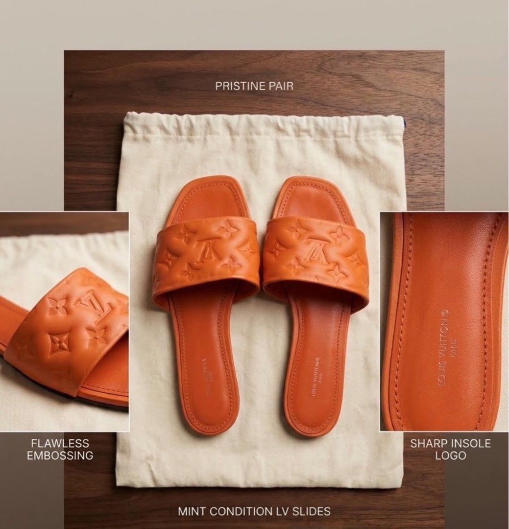 Louis Vuitton LV Sunset Flat Comfort Mule / Sandal (Category: Sneakers & Footwear) located in Quezon City. Submitted by andrewdeocampo (Listing ID 1464436176, Image 2). Description: - Authentic Orange Louis Vuitton Slides - Features iconic monogram embossed strap - Made in Italy - Ideal for casual and everyday wear Brand & Model: Louis Vuitton Sunset Flat Comfort Mule / Slide (Puffed Embossed Monogram Calfskin in Bright Orange) Inclusions Shown: 