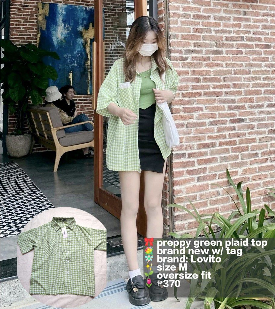 Lovito Green Gingham Plaid Oversized Shirt (Category: Shirts) located in Caloocan City. Submitted by angelinee123 (Listing ID 1464410550, Image 1). Description: Size M - oversized fit (brand new) •Payment methods: Gcash (item price + sf) • Payment first policy • Delivery option: - J&t delivery : 2-3 days depends on loc - Lalamove: same day delivery - meetup: 5th avenue lrt station only (cod avail) .