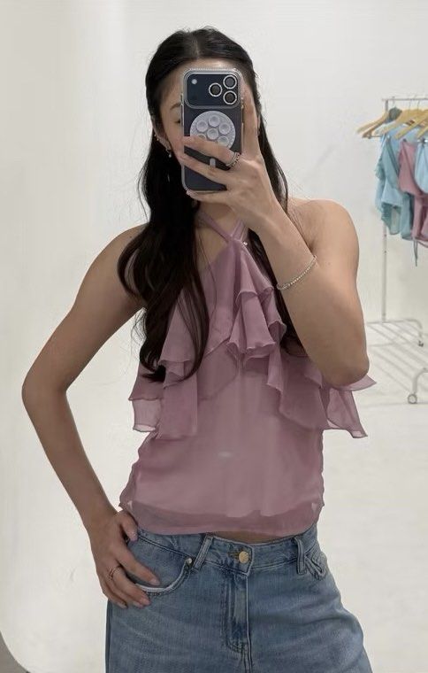 maison cher - frill halter top (Category: Sleeveless) located in Manila. Submitted by vintagepiecelover (Listing ID 1464493378, Image 1). Description: - this would look so cute w capri pants! - double lining. not see through at all. good quality! - RFS: size S is too big on me. should’ve bought XS. - bought this for ₱984 - sold out on their 🍊 app - love bonito as a helping tag only :) - dm if u want more pics / when worn.