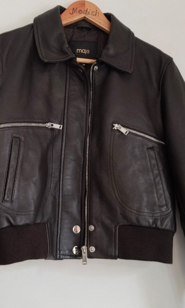 MAJE Paris Blackish brown Sheep skin Leather Bomber Jacket (Category: Luxury Apparel) located in Caloocan City. Submitted by modishthriftstore (Listing ID 1464034202, Image 3). Description: Sheep skin Leather Good as New/ Like New No Issues/ Flawless, Not Faded, Prettier in Actual Heart Evangelista Vibe! 😍 S:17 inches Pit to pit :19 Bottom with:15 Length:21 Body Lining: Polyester Pocket lining: cotton size 38 on Tag S-M Size Perfect for taller l