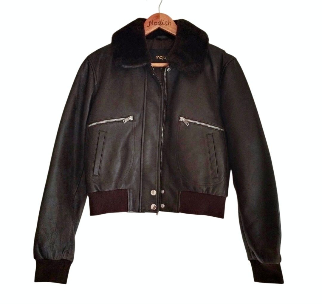 MAJE Paris Blackish brown Sheep skin Leather Bomber Jacket (Category: Luxury Apparel) located in Caloocan City. Submitted by modishthriftstore (Listing ID 1464034202, Image 2). Description: Sheep skin Leather Good as New/ Like New No Issues/ Flawless, Not Faded, Prettier in Actual Heart Evangelista Vibe! 😍 S:17 inches Pit to pit :19 Bottom with:15 Length:21 Body Lining: Polyester Pocket lining: cotton size 38 on Tag S-M Size Perfect for taller l
