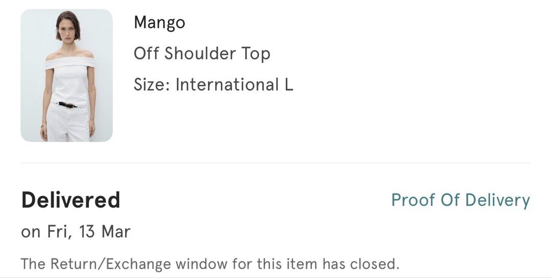 Mango Off Shoulder Top - International L - White (Category: Blouses) located in Pasig City. Submitted by oh_caroline (Listing ID 1464515100, Image 3). Description: - Mango white off-shoulder top - Size: International L - Simple and chic design - Perfect for dressing up or down - Pairs well with shorts or jeans - Comfortable fabric - TRIED only. still with tags. Last price only: 800.