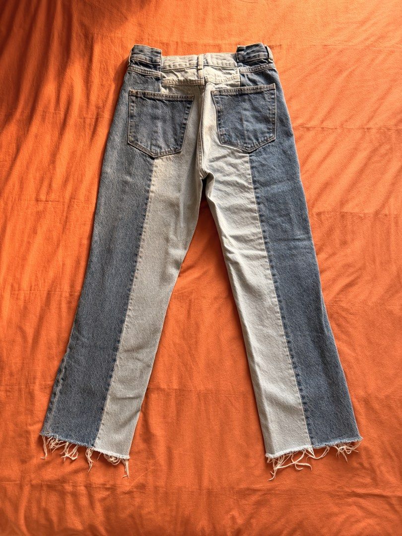 Mango Two-Tone Denim Jeans (Category: Jeans) located in Manila. Submitted by pvreal (Listing ID 1464445252, Image 2). Description: - Mango two-tone jeans - Light wash denim with dark wash side panel - Raw hem detail - Straight leg cut - Perfect for a casual outfit.