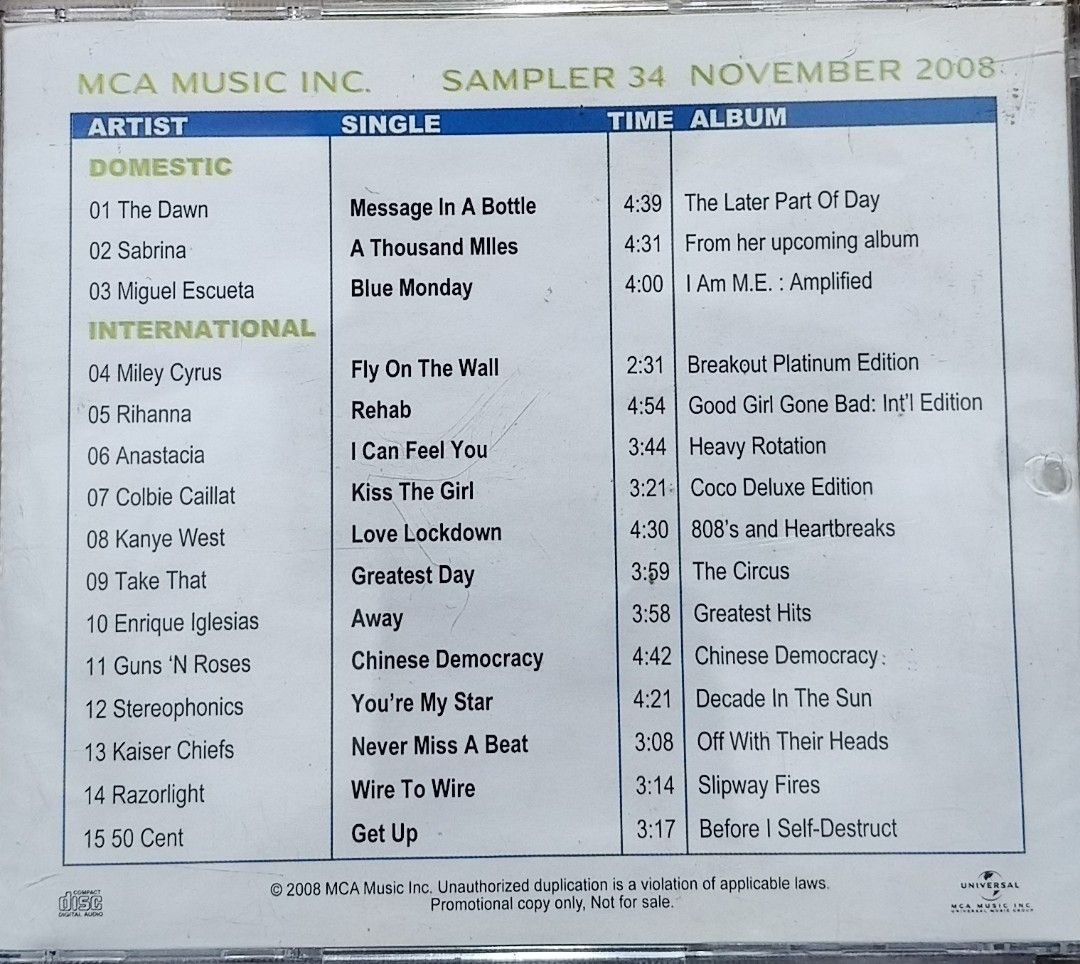 MCA Music Sampler Volume 34 CD November 2008 (Category: CDs & DVDs) located in Manila. Submitted by ruelcabrer77078 (Listing ID 1464555520, Image 3). Description: - MCA Music Sampler Volume 34 - Release Date: November 2008 - Featuring Artists: Miley Cyrus, Rihanna, Kanye West, 50 Cent, and more (domestic & international) - Type: Promotional Copy (Not For Sale) - Ideal for: Music collectors, discovering new music.