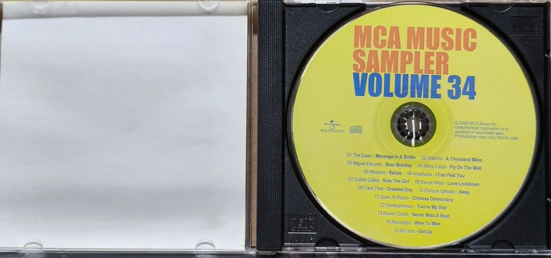 MCA Music Sampler Volume 34 CD November 2008 (Category: CDs & DVDs) located in Manila. Submitted by ruelcabrer77078 (Listing ID 1464555520, Image 2). Description: - MCA Music Sampler Volume 34 - Release Date: November 2008 - Featuring Artists: Miley Cyrus, Rihanna, Kanye West, 50 Cent, and more (domestic & international) - Type: Promotional Copy (Not For Sale) - Ideal for: Music collectors, discovering new music.