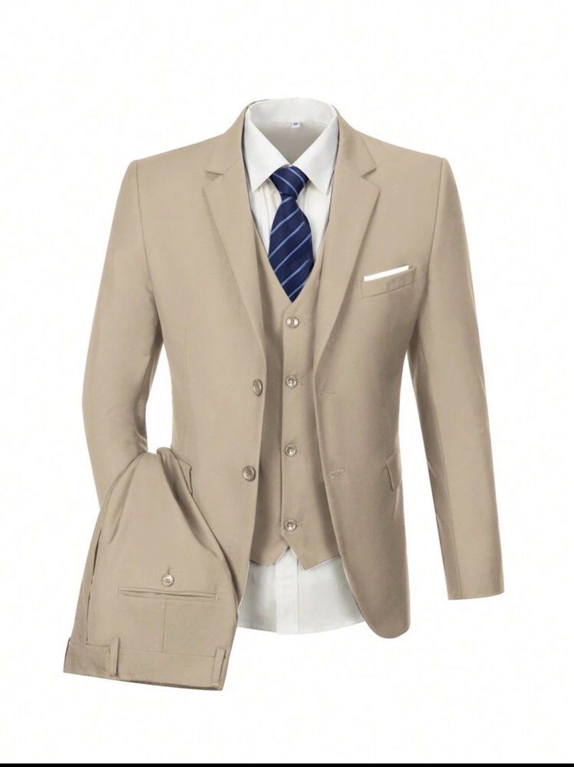 Men's 3-Piece Tan Suit (Category: Coats, Jackets and Outerwear) located in Pasig City. Submitted by dairob1203 (Listing ID 1464454248, Image 2). Description: - Men's 3-piece tan suit set - Includes: Jacket, Vest, Pants - Versatile tan color, perfect for formal events and business wear - Size: M (Please check measurements for best fit) - Ready for your next occasion.