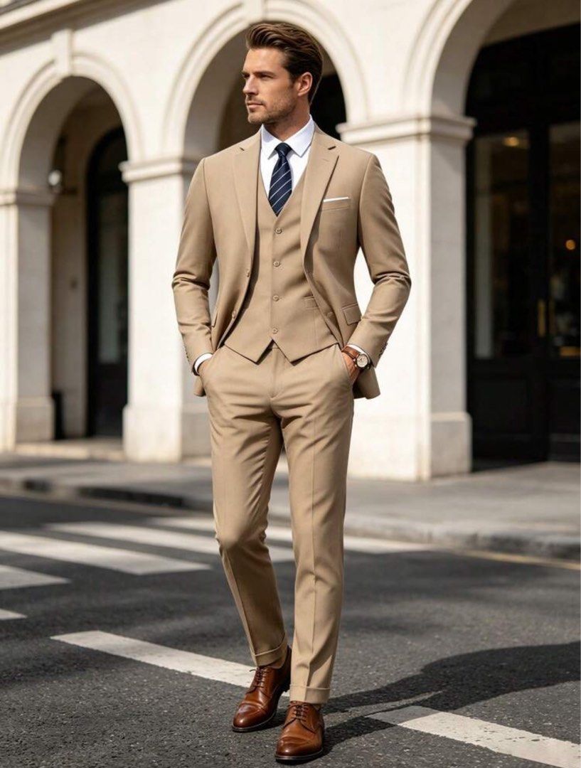 Men's 3-Piece Tan Suit (Category: Coats, Jackets and Outerwear) located in Pasig City. Submitted by dairob1203 (Listing ID 1464454248, Image 1). Description: - Men's 3-piece tan suit set - Includes: Jacket, Vest, Pants - Versatile tan color, perfect for formal events and business wear - Size: M (Please check measurements for best fit) - Ready for your next occasion.