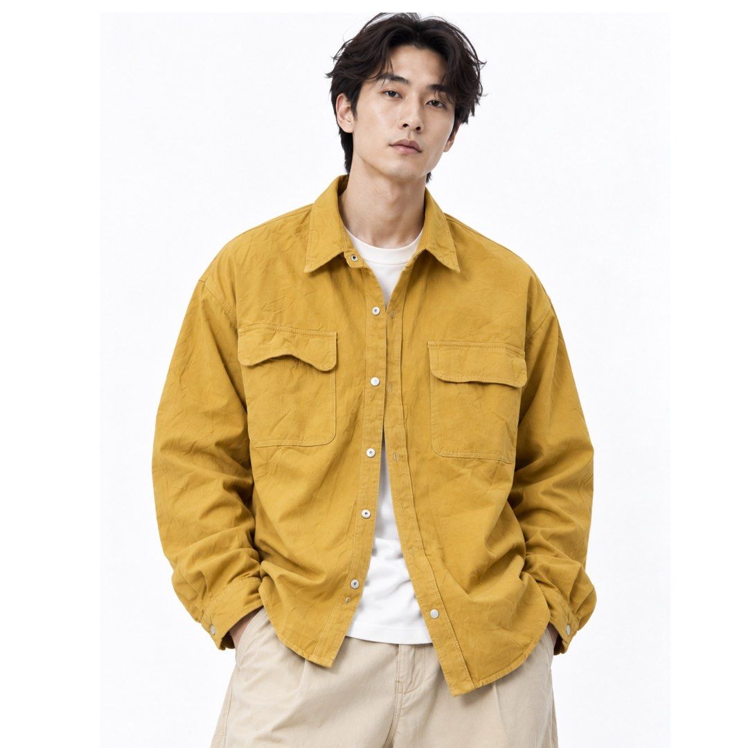 Men’s Mustard Soft Denim Overshirt | Utility Pocket Button Down XL (Category: Tshirts & Polo Shirts ) located in San Jose del Monte. Submitted by vanessabarredo (Listing ID 1464534583, Image 1). Description: Men’s soft denim overshirt in a mustard / ochre yellow shade. Relaxed utility/workwear style with dual flap chest pockets and snap-button closure. Nice worn-in look—easy to style as a shirt or lightweight layering piece. Condition: Good — exp