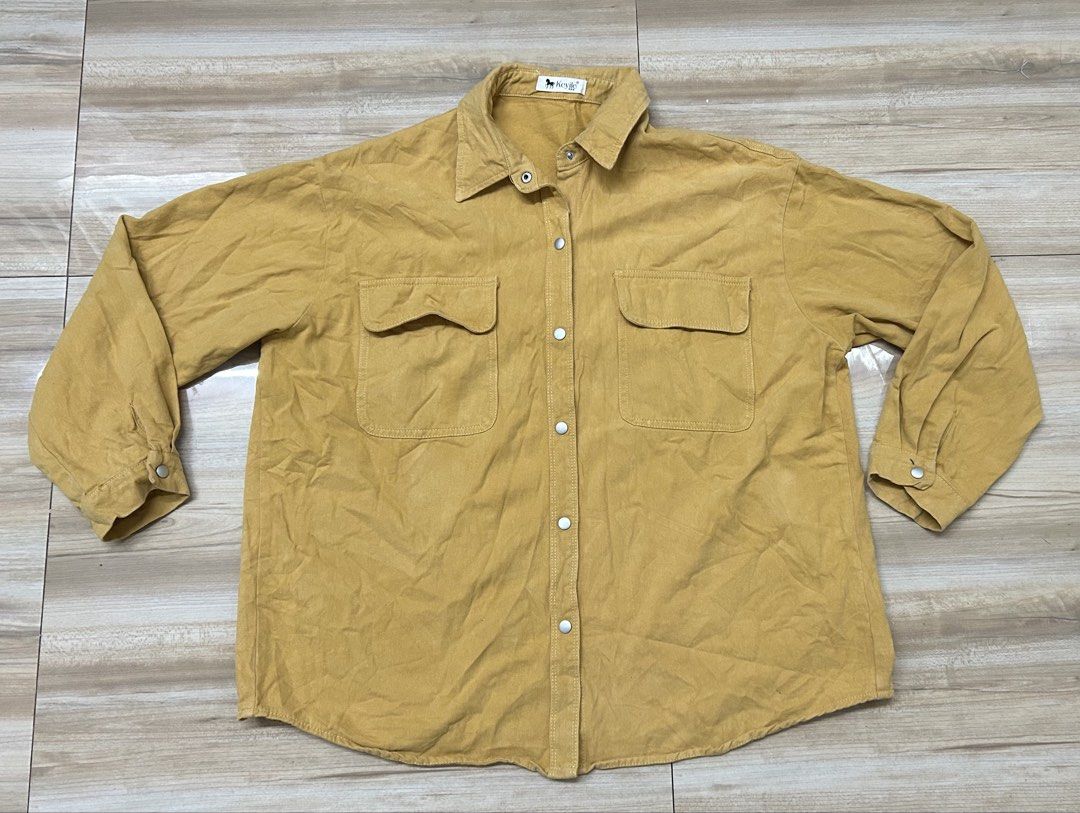Men’s Mustard Soft Denim Overshirt | Utility Pocket Button Down XL (Category: Tshirts & Polo Shirts ) located in San Jose del Monte. Submitted by vanessabarredo (Listing ID 1464534583, Image 3). Description: Men’s soft denim overshirt in a mustard / ochre yellow shade. Relaxed utility/workwear style with dual flap chest pockets and snap-button closure. Nice worn-in look—easy to style as a shirt or lightweight layering piece. Condition: Good — exp
